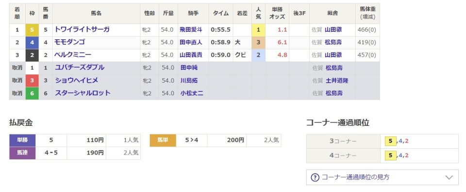 【競馬】佐賀競馬の新馬戦　3頭出走取消で3頭立てのレース　1番人気が圧勝！